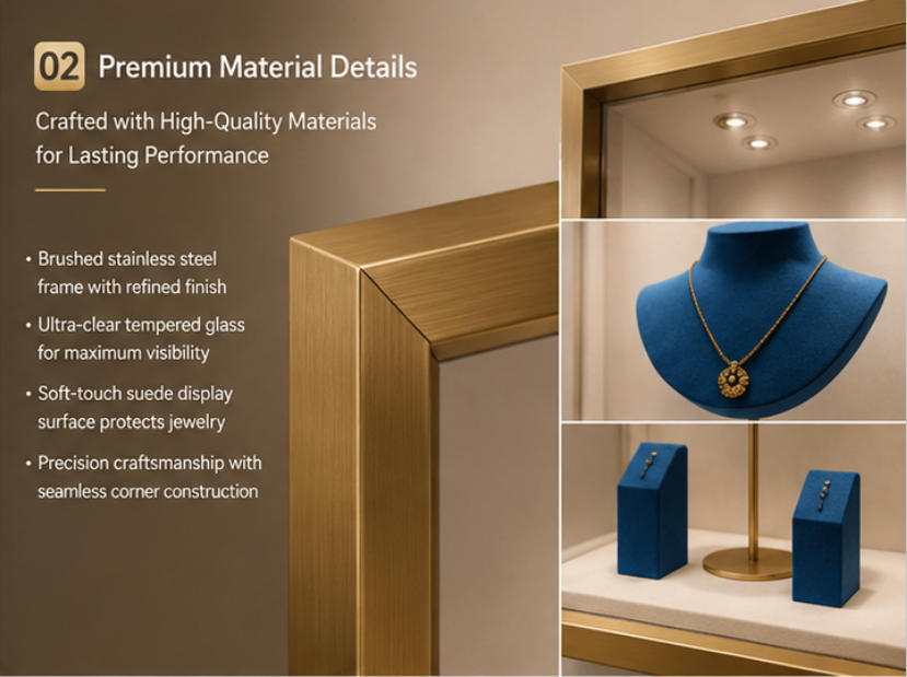 Gold Floor-Standing Jewelry Display Cabinet | Museum-Style Showcase 8 Gold frame and anti-reflective glass material details